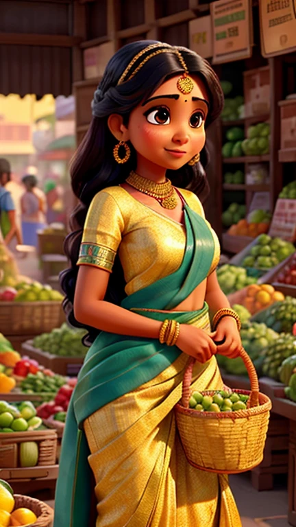 a beautiful detailed indian woman in a bustling vegetable market, holding a woven basket, calling out to her husband to buy some fresh peas, ornate jewelry, vibrant sari, warm golden lighting, detailed facial features, realistic, photorealistic, 8k, high quality, masterpiece
