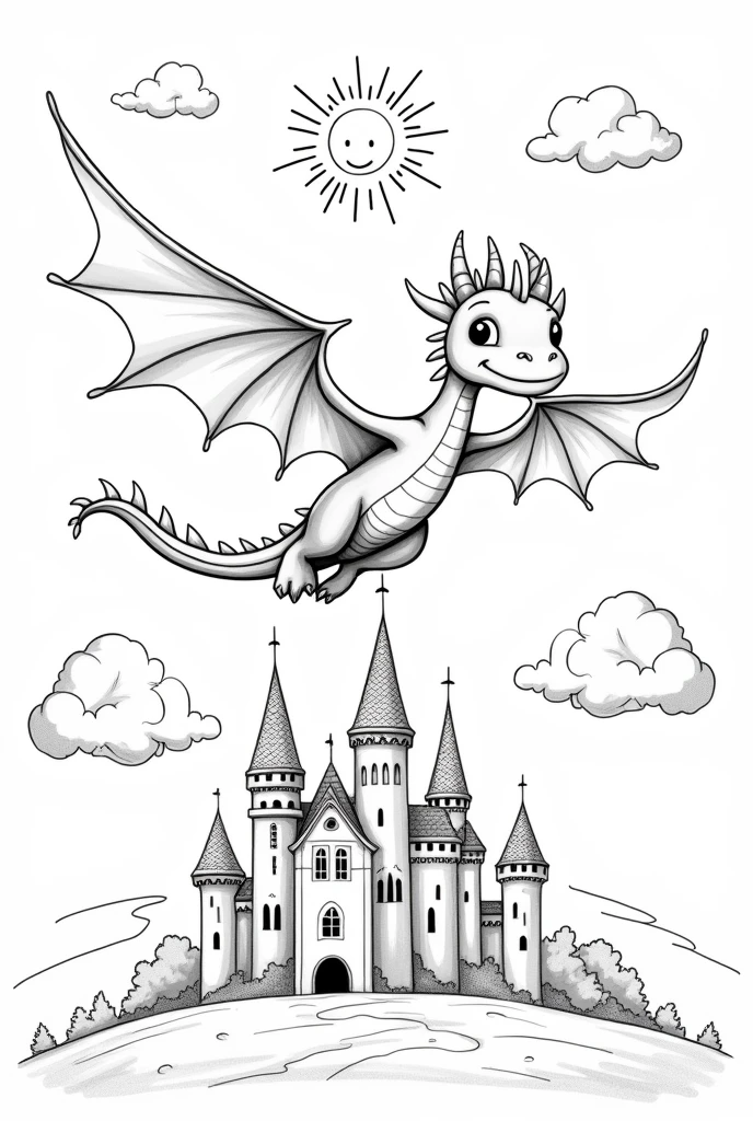 Please, Create a black and white drawing of a cute little dragon flying over a castle. The dragon should have large wings and a friendly expression., with clouds and a smiling sun in the sky. Leave room for children to add other fantasy details, like princesses or knights.