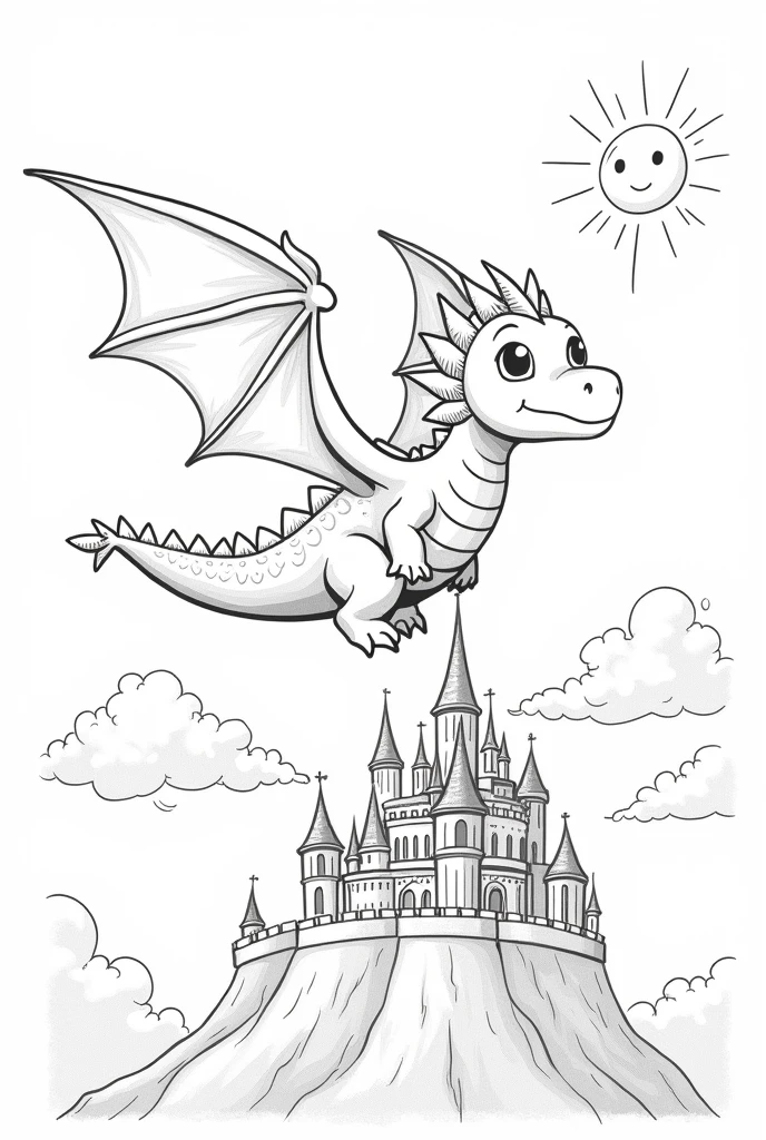 Please, Create a black and white drawing of a cute little dragon flying over a castle. The dragon should have large wings and a friendly expression., with clouds and a smiling sun in the sky. Leave room for children to add other fantasy details, like princesses or knights.