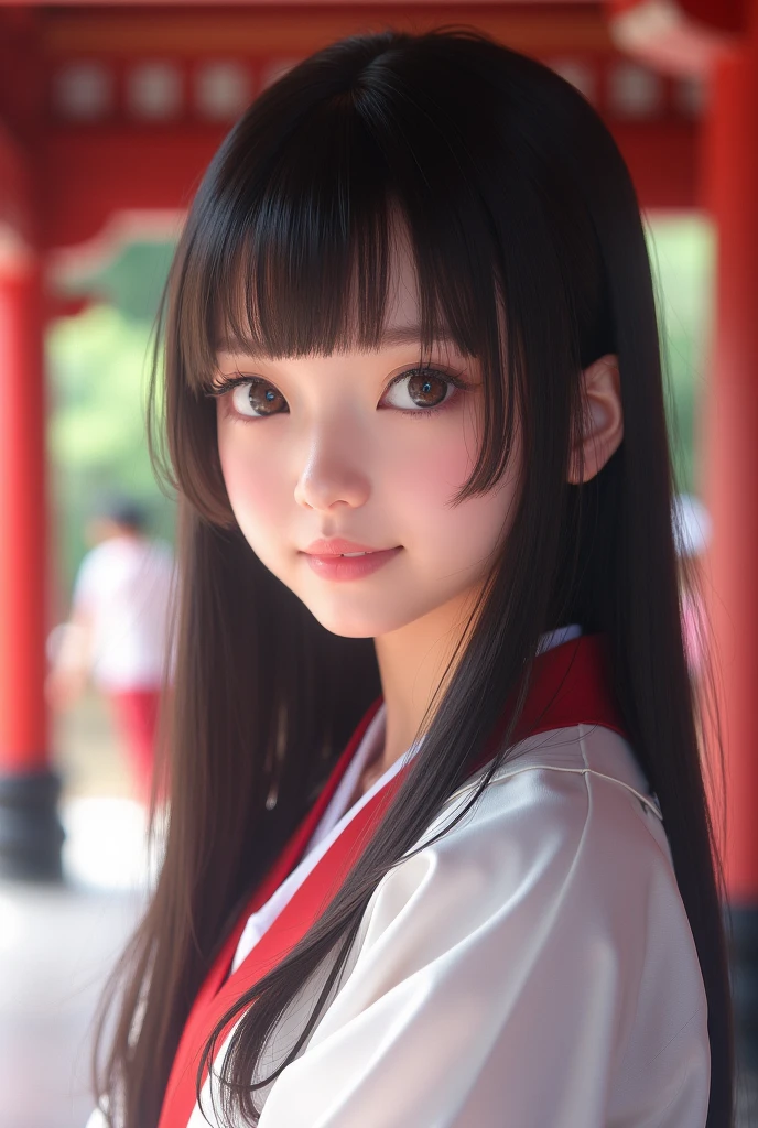 Realな写真、1、Japanese high school girl、Beautiful Face、cute顔、((((Highest quality、Tabletop、8k、Highest quality)、(Beautiful Japanese Perfect Shrine Maiden:1.1)、(The perfect and most natural white robe of a shrine maiden:1.3)、(The perfect and most natural shrine maiden&#39;s red hakama:1.3)、(Gracefully styled hair:1.1)、(Face close-up:1.1)、look at me、最高のsmile、The background is a magnificent and luxurious shrine.。、The majestic and luxurious exterior resembles a real shrine.、A gorgeous and authentic shrine using Niwa lacquerware))、Straight Hair、bangs、Detailed face and body、Natural lighting、High resolution、Photorealistic、(Highest quality、8k、High resolution、masterpiece:1.2)、Super detailed、(Real、Photorealistic、Photorealistic:1.37)、Realな肌の質感、Detailed eyes and lips、Beautifully detailed face、Long eyelashes、Smooth Skin、Slim figure、cute、smile、