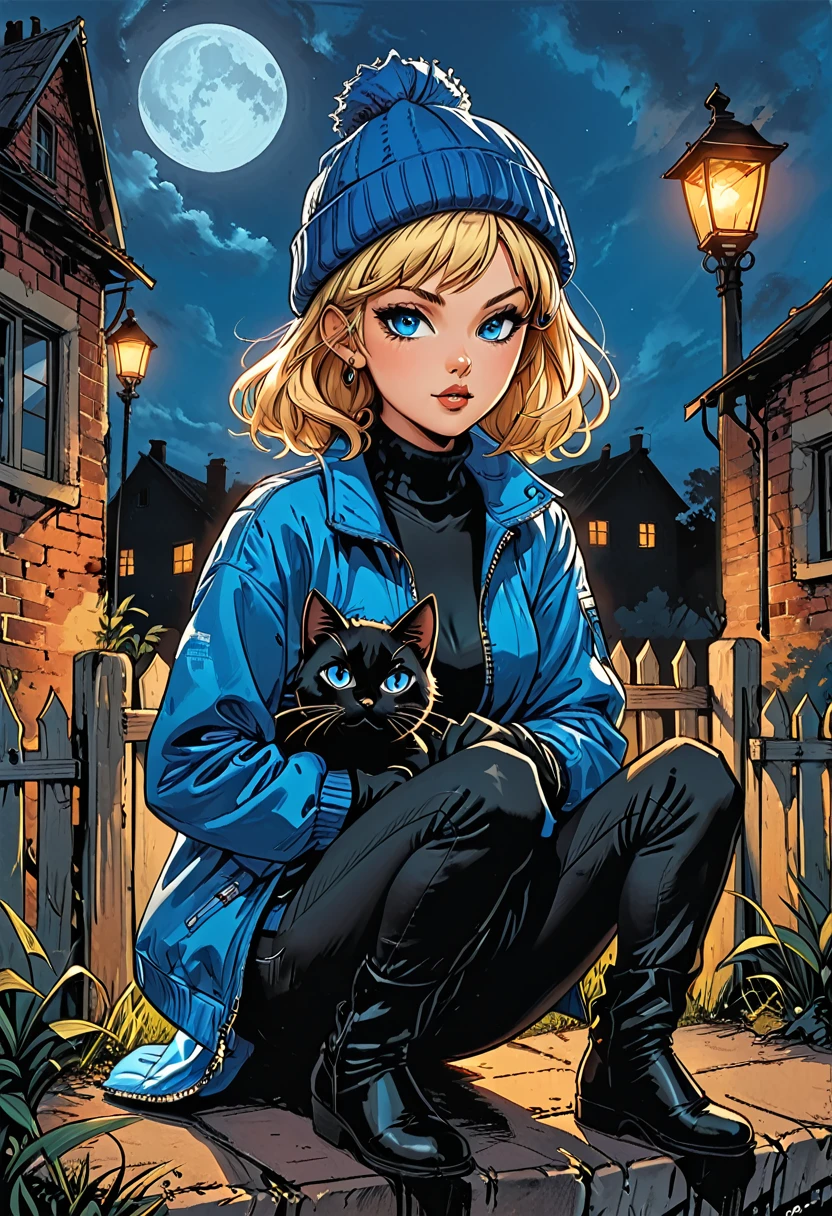 (((night))), dark, black cat, 
looks away,
(((look at each other))), glowing eyes, black cat with open mouth, ((high brick fence)), bottom view, ((tropics)),(palm), fullbody ((profile)) ((girl in Blue zipped up down winter jacket and black turtleneck )) and (((jeans))) and blue gloves and (((blue winter hat)))) ((sitting on  knee and petting a black cat on the head)) on the road with brick fence, adult, [Nordic], Hourglass elongated fitness body, perfect Olive skin, Oval Face, Long neck, Rounded shoulders, perfect hand, Attached Pointed ears, round forehead, (Short blonde Waves pixie hair), snub nose, Arched eyebrows, ((Monolid blue Eyes)), High Round Narrow cheekbones, Dimpled Cheeks, Rounded Chin, Rounded Jawline, Full nude Lips, (blue eyes), Nude Makeup Look, long eyelashes, long slim fitness legs, graphic style of novel comics, perfect hands, 2d, 8k, hyperrealism, masterpiece, high resolution, best quality, ultra-detailed, super realistic, Hyperrealistic art, high-quality, ultra high res, highest detailed, lot of details, Extremely high-resolution details, incredibly lifelike, colourful, soft cinematic light, 
(looks away),