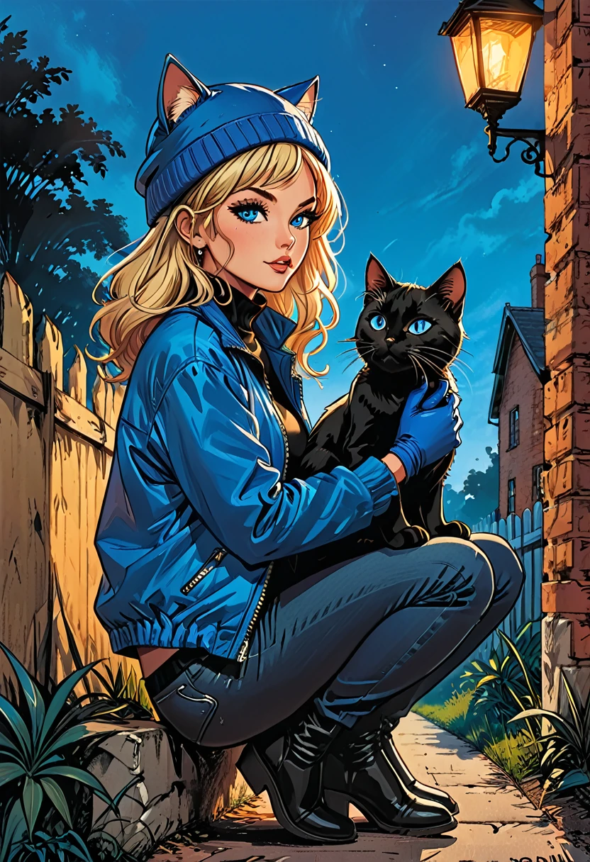 (((night))), dark, black cat, 
looks away,
(((look at each other))), glowing eyes, black cat with open mouth, ((high brick fence)), bottom view, ((tropics)),(palm), fullbody ((profile)) ((girl in Blue zipped up down winter jacket and black turtleneck )) and (((jeans))) and blue gloves and (((blue winter hat)))) ((sitting on  knee and petting a black cat on the head)) on the road with brick fence, adult, [Nordic], Hourglass elongated fitness body, perfect Olive skin, Oval Face, Long neck, Rounded shoulders, perfect hand, Attached Pointed ears, round forehead, (Short blonde Waves pixie hair), snub nose, Arched eyebrows, ((Monolid blue Eyes)), High Round Narrow cheekbones, Dimpled Cheeks, Rounded Chin, Rounded Jawline, Full nude Lips, (blue eyes), Nude Makeup Look, long eyelashes, long slim fitness legs, graphic style of novel comics, perfect hands, 2d, 8k, hyperrealism, masterpiece, high resolution, best quality, ultra-detailed, super realistic, Hyperrealistic art, high-quality, ultra high res, highest detailed, lot of details, Extremely high-resolution details, incredibly lifelike, colourful, soft cinematic light, 
(looks away),