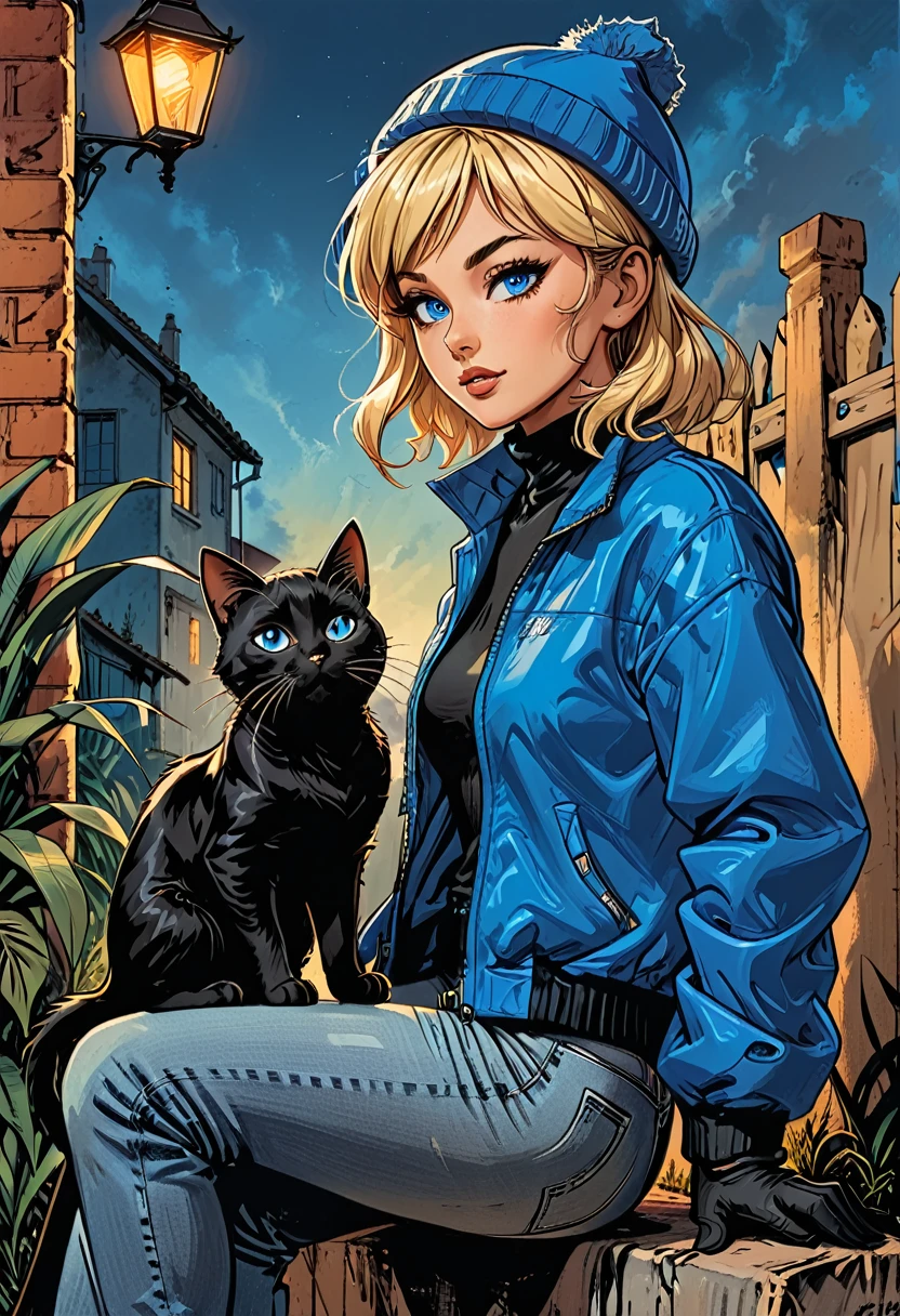 (((night))), dark, black cat, 
looks away,
(((look at each other))), glowing eyes, black cat with open mouth, ((high brick fence)), bottom view, ((tropics)),(palm), fullbody ((profile)) ((girl in Blue zipped up down winter jacket and black turtleneck )) and (((jeans))) and blue gloves and (((blue winter hat)))) ((sitting on  knee and petting a black cat on the head)) on the road with brick fence, adult, [Nordic], Hourglass elongated fitness body, perfect Olive skin, Oval Face, Long neck, Rounded shoulders, perfect hand, Attached Pointed ears, round forehead, (Short blonde Waves pixie hair), snub nose, Arched eyebrows, ((Monolid blue Eyes)), High Round Narrow cheekbones, Dimpled Cheeks, Rounded Chin, Rounded Jawline, Full nude Lips, (blue eyes), Nude Makeup Look, long eyelashes, long slim fitness legs, graphic style of novel comics, perfect hands, 2d, 8k, hyperrealism, masterpiece, high resolution, best quality, ultra-detailed, super realistic, Hyperrealistic art, high-quality, ultra high res, highest detailed, lot of details, Extremely high-resolution details, incredibly lifelike, colourful, soft cinematic light, 
(looks away),