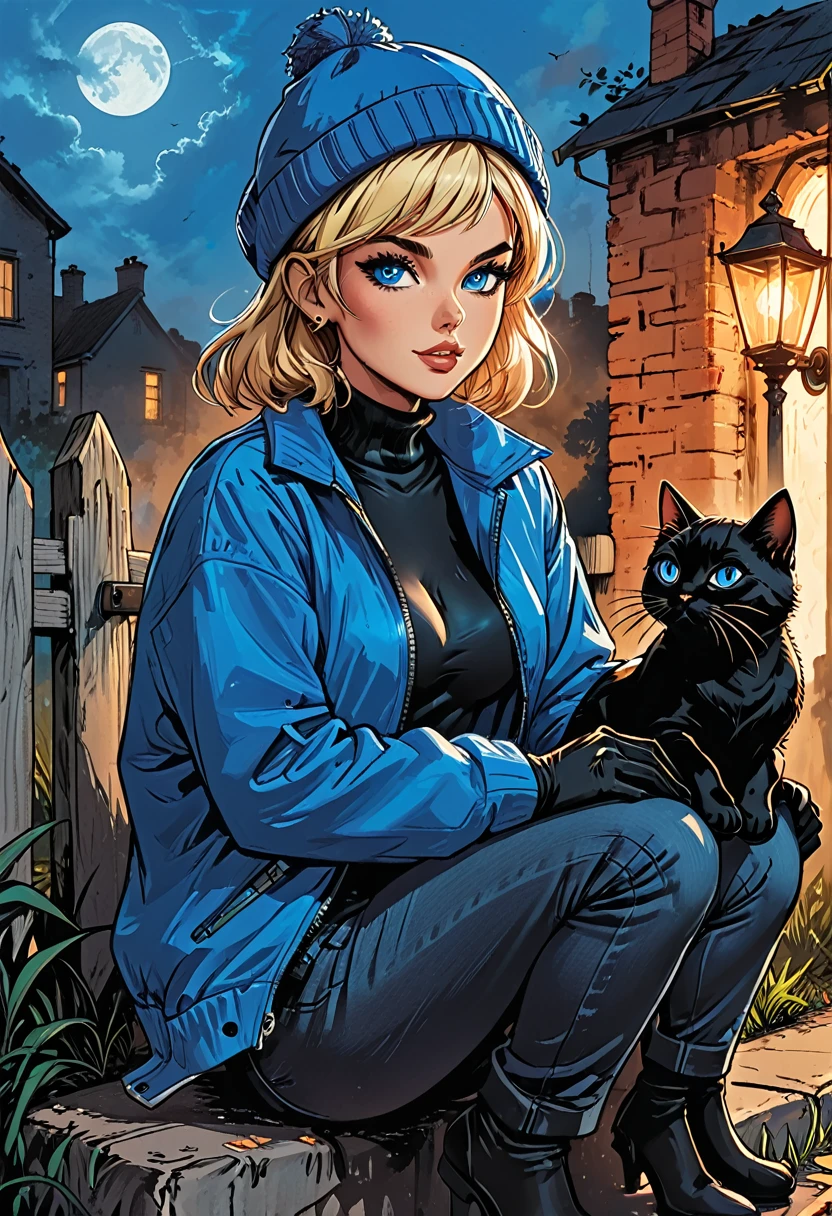 (((night))), dark, black cat, 
looks away,
(((look at each other))), glowing eyes, black cat with open mouth, ((high brick fence)), bottom view, ((tropics)),(palm), fullbody ((profile)) ((girl in Blue zipped up down winter jacket and black turtleneck )) and (((jeans))) and blue gloves and (((blue winter hat)))) ((sitting on  knee and petting a black cat on the head)) on the road with brick fence, adult, [Nordic], Hourglass elongated fitness body, perfect Olive skin, Oval Face, Long neck, Rounded shoulders, perfect hand, Attached Pointed ears, round forehead, (Short blonde Waves pixie hair), snub nose, Arched eyebrows, ((Monolid blue Eyes)), High Round Narrow cheekbones, Dimpled Cheeks, Rounded Chin, Rounded Jawline, Full nude Lips, (blue eyes), Nude Makeup Look, long eyelashes, long slim fitness legs, graphic style of novel comics, perfect hands, 2d, 8k, hyperrealism, masterpiece, high resolution, best quality, ultra-detailed, super realistic, Hyperrealistic art, high-quality, ultra high res, highest detailed, lot of details, Extremely high-resolution details, incredibly lifelike, colourful, soft cinematic light, 
(looks away),