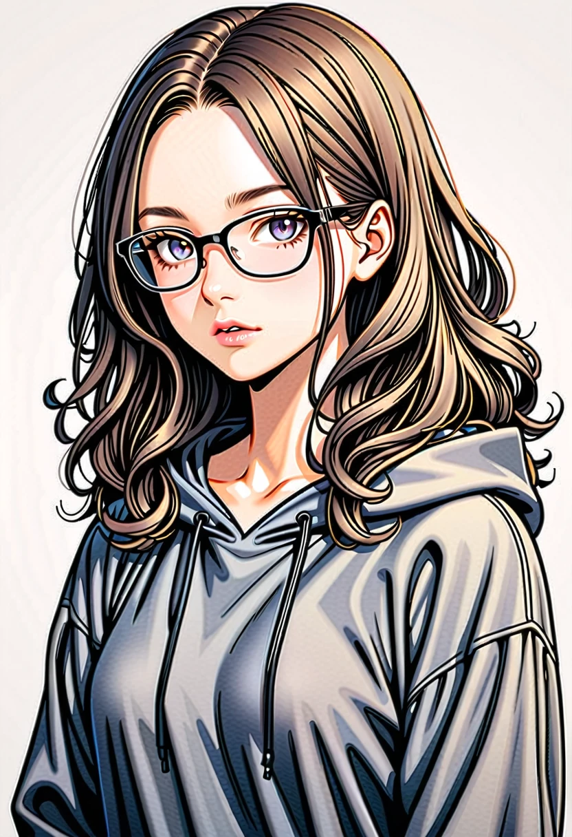 1 female, 30-year-old, alone, thin, slender, small breasts!!!, Loose curly hair, Bedhead, Forehead, thin, slender, (((glasses))), hoodie, long sexy skirt, Are standing, art, Colored pencil drawing, draft, White background, portrait