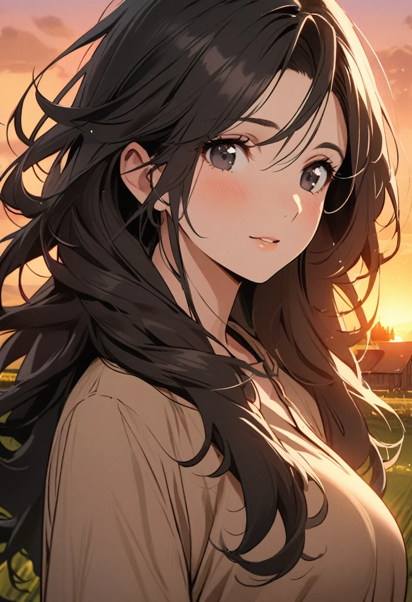 girl, mature, black eyes, black hair, long hair, beautiful eyes, beautiful color, high detail, cute, windy hair, farm background, sunset