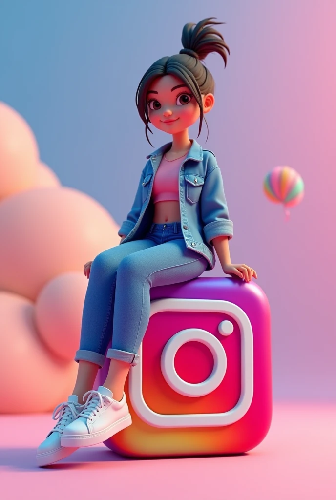 Create a 3D illustration of an animated femail character sitting casually on top of a social media logo "Instagram". The character must wear casual modern clothing such as jeans jacket and sneakers shoes and remember the age of character is 18.The background of the image is a social media profile page with a user name "Sonia chourasiya"and a profile picture that match