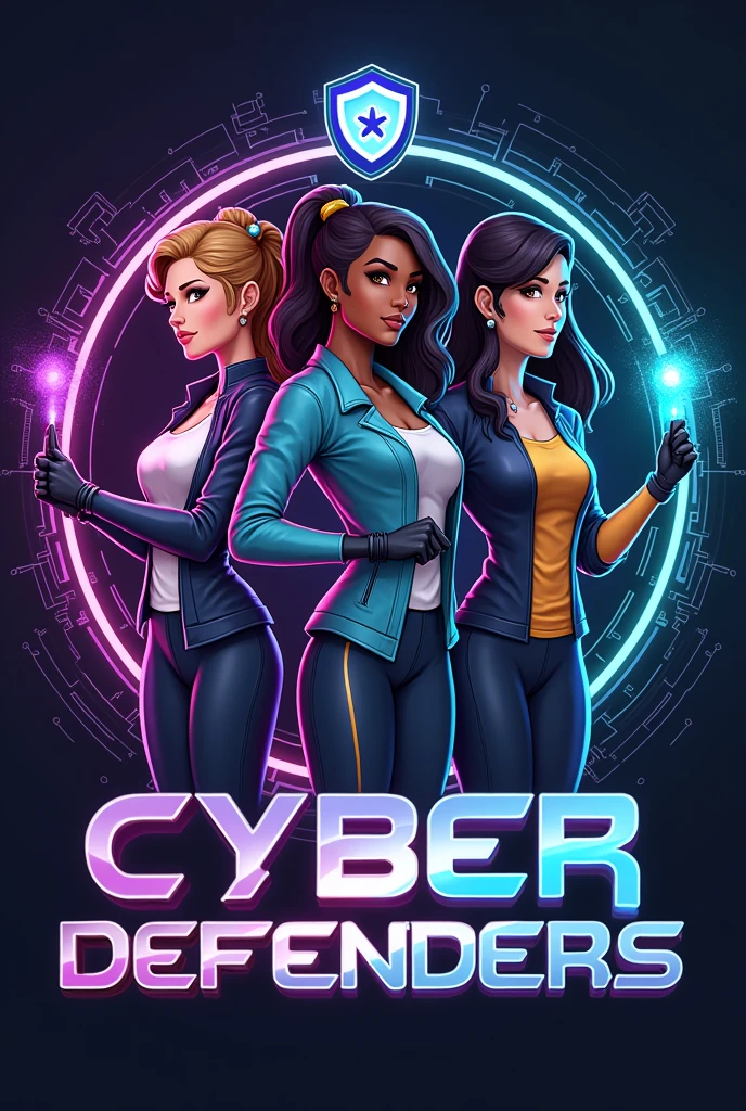 the logo of *Cyber Defenders* must highlight collective strength and female empowerment, representing three women of different ethnicities, symbolizing diversity, unity and leadership in the digital environment. The three female figures can be positioned side by side, forming a line or a circle, each one in a strong and confident posture.

Each woman can hold a symbolic element that represents a facet of the game's mission.:

1. *The first woman* hold a *Digital Shield*, representing protection against online threats.
2. *The second woman* hold aa *torch of light*, symbolizing knowledge and enlightenment in the safe use of technology.
3. *The third woman* hold a *technological device* ou um *Connection Symbol*, representing the power of technology to create change and build communities.

Women's clothing can have futuristic and stylized details, with vibrant colors like purple, blue and green, that refer to female power and technology. Each figure may have accessories or visual elements that refer to circuits., binary code or network standards, integrating the digital environment into design.

The background can be a circle, representing unity and inclusion, with elements such as electronic circuits or digital waves that spread around the figures, simbolizando a presença e influência das Cyber Defenders no mundo online.

The typography of the title "Cyber Defenders" must be modern and robust, with stylized letters that appear to be composed of lines of code or connected by circuits. Text colors can follow a gradation from purple to blue, reflecting the dynamism and transition of players from knowledge to action.

Above or around women, there may be a *protection emblem*, like a futuristic shield or a network emblem, symbolizing the security they provide. Details in gold or silver can highlight the contours of the figures and the technological elements, adding a touch of sophistication and strength to the design