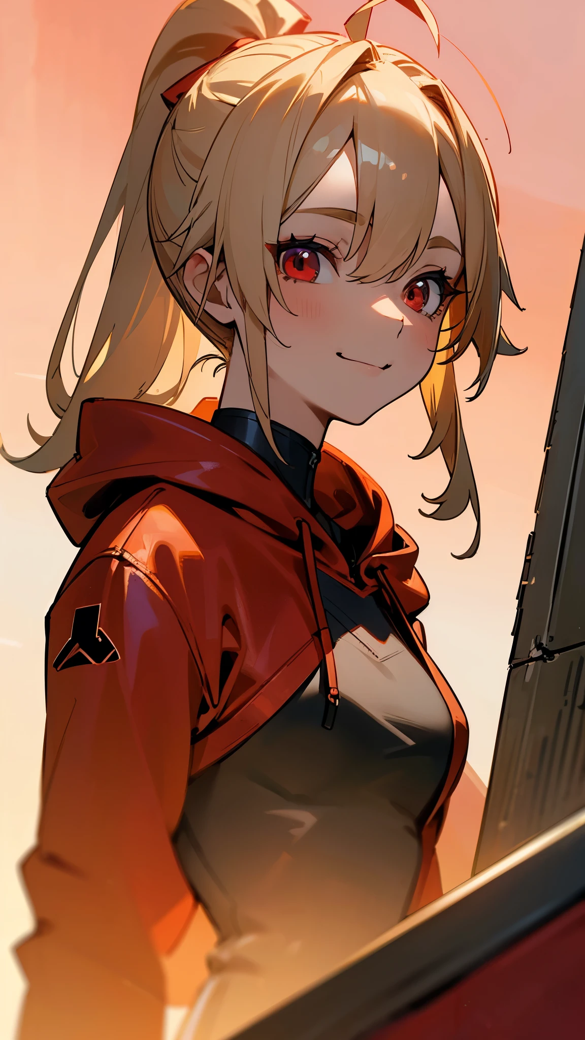 1 girl、alone、Wearing a red hoodie、Wear leather gloves、Blonde ponytail、Ahoge、Beautiful red eyes、smile、Highly detailed face、Upper body close-up、Highly detailed illustration、Golden hour sky、Skyscraper rooftop
