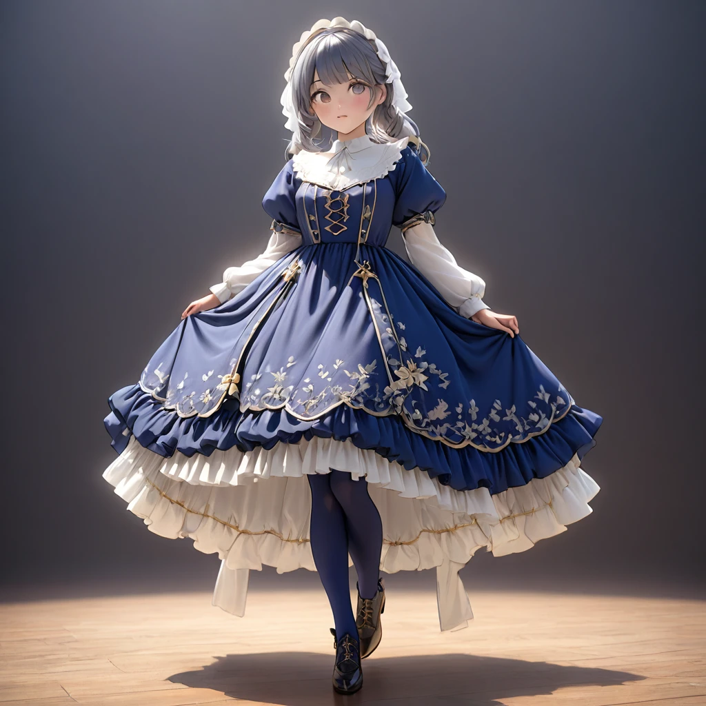 (Highly detailed CG Octane render 8k wallpaper), Girls Underwear, You can see real bloomers made from cotton fabric.., Medieval navy translucent long dress with panniers, Fabric Realism, Low - Angle, Pull up the dress by hand, Strong winds, Translucent slip, Translucent slip, tights, Highest quality, whole body, I can see your thighs, Silver and gold embroidery