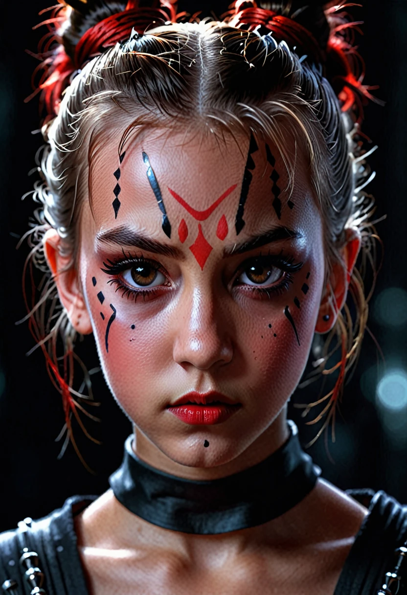 A skinny little cute girl, beautiful detailed eyes, beautiful detailed lips, extremely detailed eyes and face, long eyelashes, serious expression, flat chest, Darth Maul inspired, dark side, dark blurred background, dramatic lighting, cinematic, high contrast, moody, chiaroscuro, digital painting, concept art, matte painting, photorealistic, 8k, best quality, masterpiece, in action, uper body view, full body view