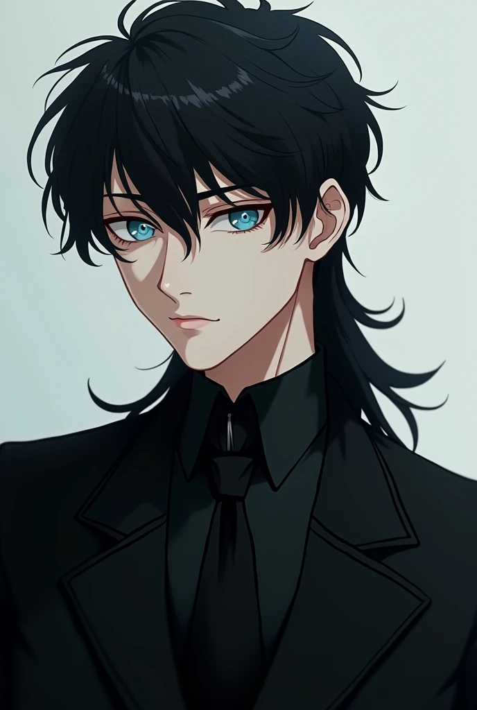 A gorgeous man not too masculine black hair with beautiful mullet and ice blue eyes no beard white skin and black formal suit NOT OLD 
