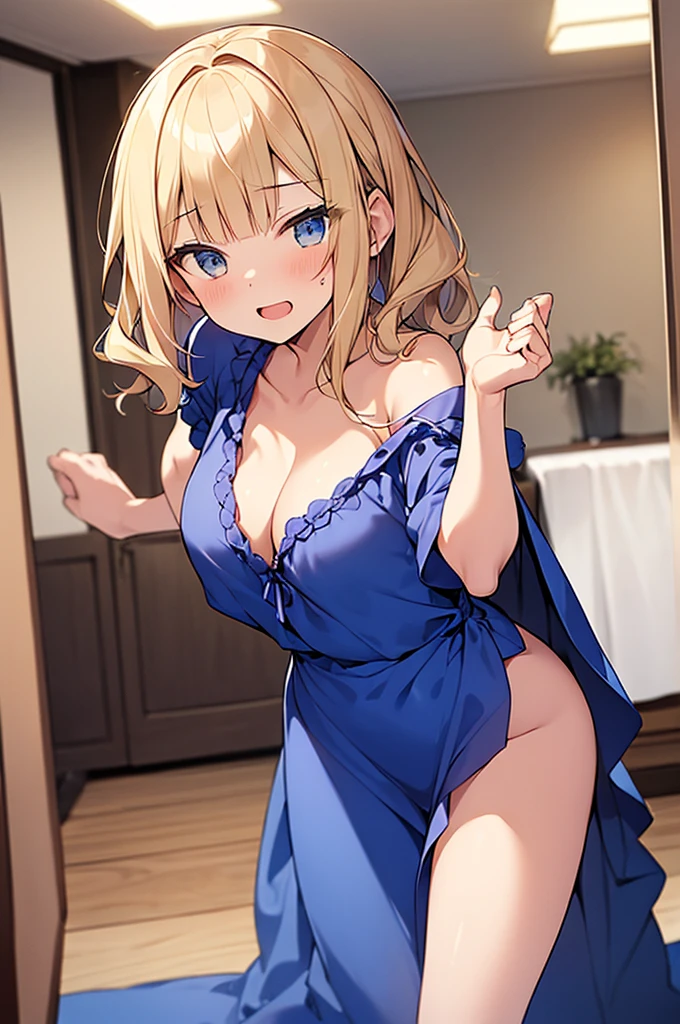 (Masterpiece, Top quality:1.5), nsfw, full body, (1 beautiful girl, solo:1.2), (short height:1.3), (blue Satin Nightgown and Matching Robe:1.3), (strap slip:1.2), Blonde hair:1.1, medium Hair, wavy Hair, asymmetry bangs, swept bangs, airy hair, large breasts:1.1, blush:1.3, beautiful scene of bedroom, magnificent panorama view, blurry background, open mouth, dynamic pose ,dynamic angle