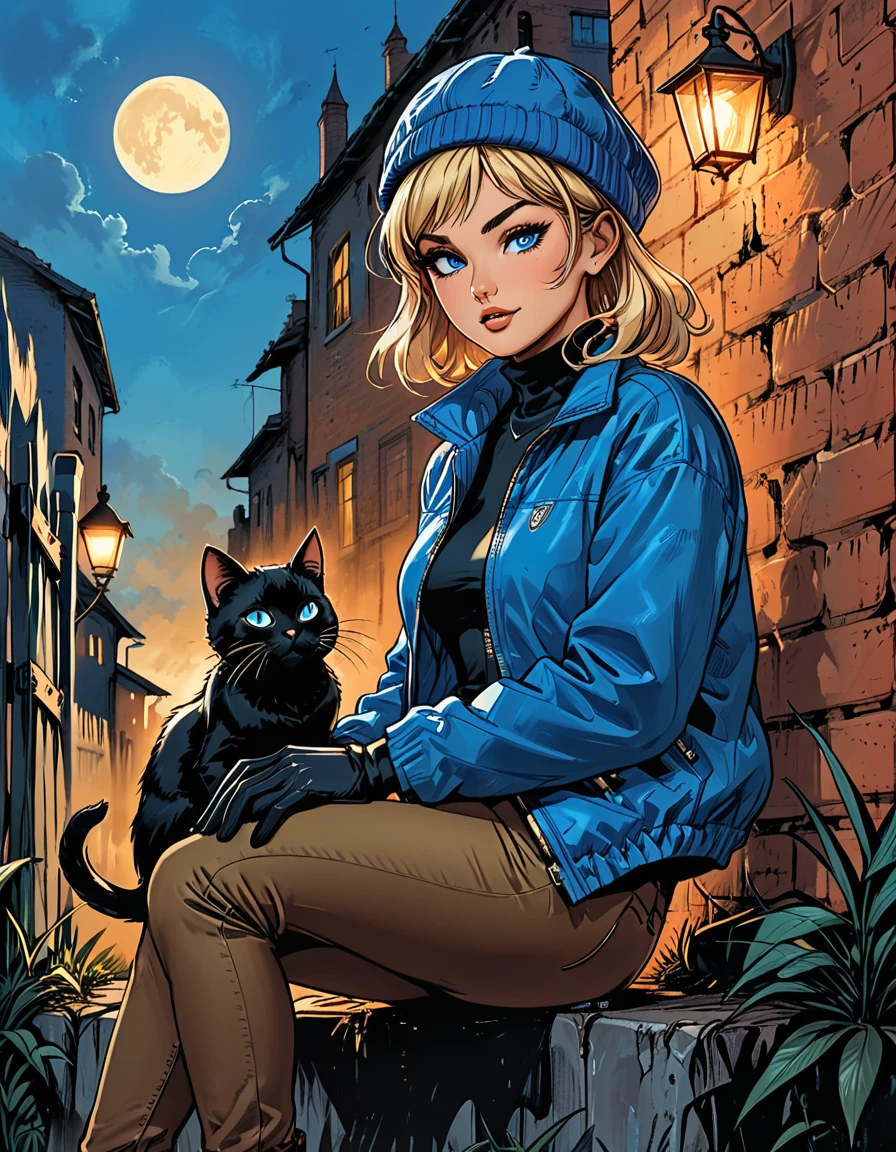 (((night))), dark, black cat, looks away, (((look at each other))), glowing eyes, black cat with open mouth, ((high brick fence)), bottom view, ((tropics)),(palm), fullbody ((profile)) ((girl in Blue zipped up down winter jacket and black turtleneck )) and (((jeans))) and blue gloves and (((blue winter hat)))) ((sitting on knee and petting a black cat on the head)) on the road with brick fence, adult, [Nordic], Hourglass elongated fitness body, perfect Olive skin, Oval Face, Long neck, Rounded shoulders, perfect hand, Attached Pointed ears, round forehead, (Short blonde Waves pixie hair), snub nose, Arched eyebrows, ((Monolid blue Eyes)), High Round Narrow cheekbones, Dimpled Cheeks, Rounded Chin, Rounded Jawline, Full nude Lips, (blue eyes), Nude Makeup Look, long eyelashes, long slim fitness legs, graphic style of novel comics, perfect hands, 2d, 8k, hyperrealism, masterpiece, high resolution, best quality, ultra-detailed, super realistic, Hyperrealistic art, high-quality, ultra high res, highest detailed, lot of details, Extremely high-resolution details, incredibly lifelike, colourful, soft cinematic light, (looks away),