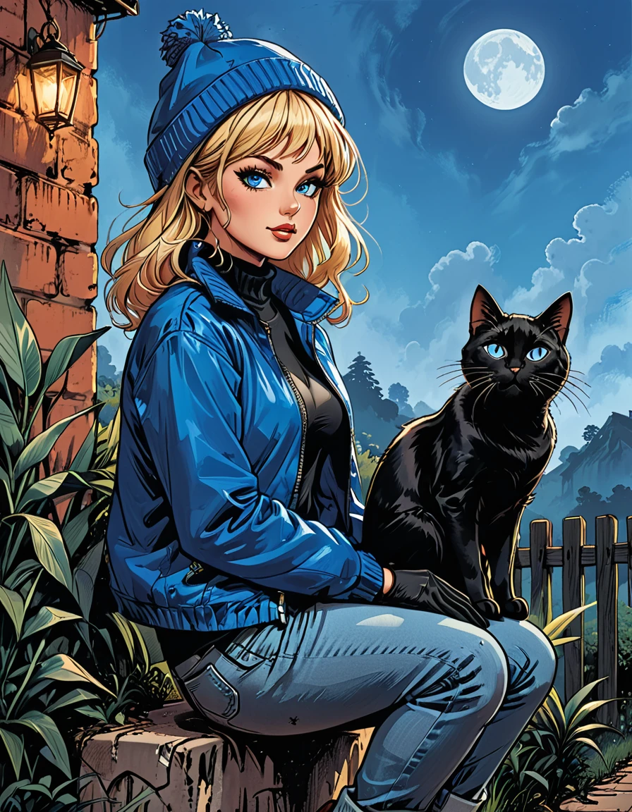 (((night))), dark, black cat, looks away, (((look at each other))), glowing eyes, black cat with open mouth, ((high brick fence)), bottom view, ((tropics)),(palm), fullbody ((profile)) ((girl in Blue zipped up down winter jacket and black turtleneck )) and (((jeans))) and blue gloves and (((blue winter hat)))) ((sitting on knee and petting a black cat on the head)) on the road with brick fence, adult, [Nordic], Hourglass elongated fitness body, perfect Olive skin, Oval Face, Long neck, Rounded shoulders, perfect hand, Attached Pointed ears, round forehead, (Short blonde Waves pixie hair), snub nose, Arched eyebrows, ((Monolid blue Eyes)), High Round Narrow cheekbones, Dimpled Cheeks, Rounded Chin, Rounded Jawline, Full nude Lips, (blue eyes), Nude Makeup Look, long eyelashes, long slim fitness legs, graphic style of novel comics, perfect hands, 2d, 8k, hyperrealism, masterpiece, high resolution, best quality, ultra-detailed, super realistic, Hyperrealistic art, high-quality, ultra high res, highest detailed, lot of details, Extremely high-resolution details, incredibly lifelike, colourful, soft cinematic light, (looks away),