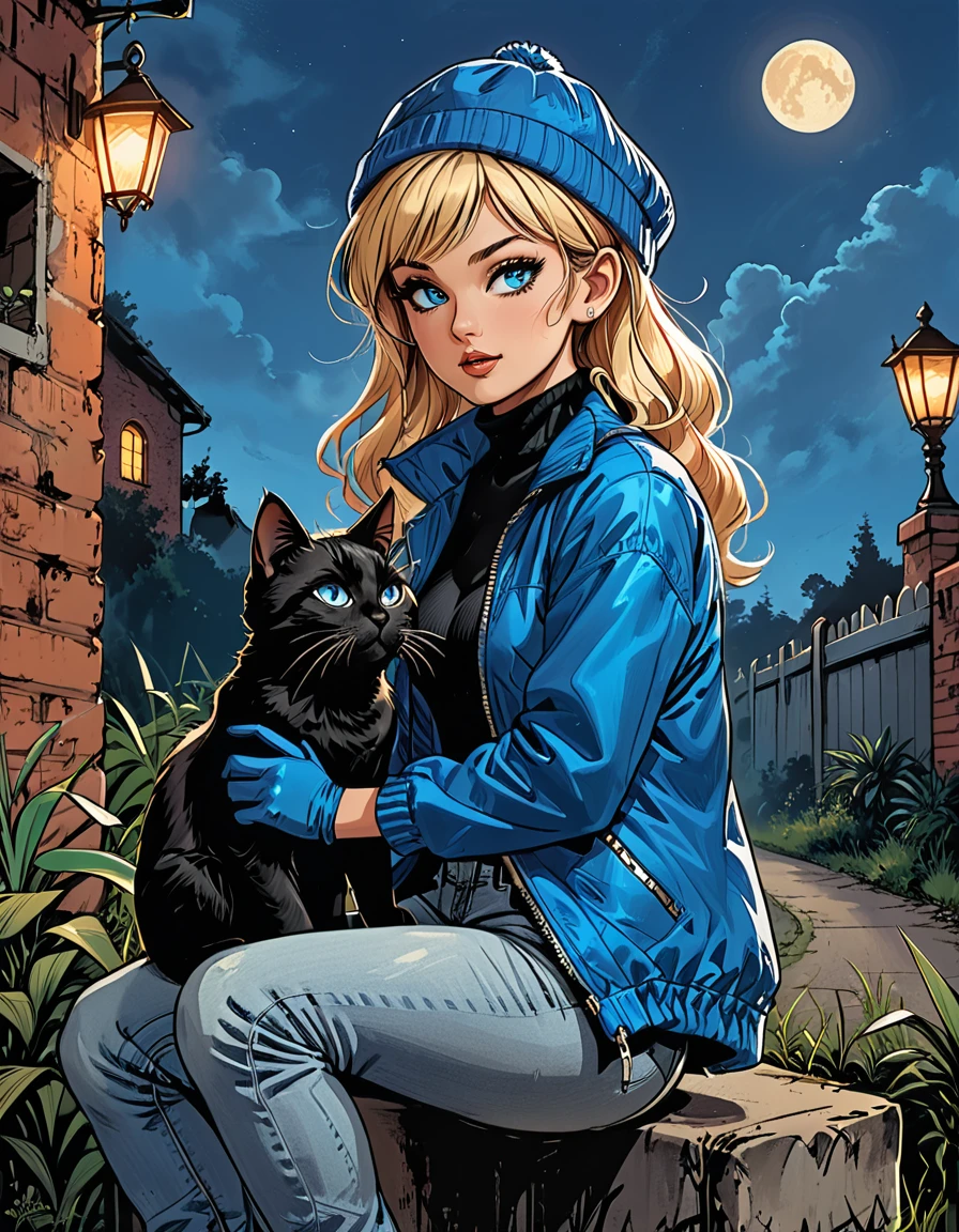 (((night))), dark, black cat, looks away, (((look at each other))), glowing eyes, black cat with open mouth, ((high brick fence)), bottom view, ((tropics)),(palm), fullbody ((profile)) ((girl in Blue zipped up down winter jacket and black turtleneck )) and (((jeans))) and blue gloves and (((blue winter hat)))) ((sitting on knee and petting a black cat on the head)) on the road with brick fence, adult, [Nordic], Hourglass elongated fitness body, perfect Olive skin, Oval Face, Long neck, Rounded shoulders, perfect hand, Attached Pointed ears, round forehead, (Short blonde Waves pixie hair), snub nose, Arched eyebrows, ((Monolid blue Eyes)), High Round Narrow cheekbones, Dimpled Cheeks, Rounded Chin, Rounded Jawline, Full nude Lips, (blue eyes), Nude Makeup Look, long eyelashes, long slim fitness legs, graphic style of novel comics, perfect hands, 2d, 8k, hyperrealism, masterpiece, high resolution, best quality, ultra-detailed, super realistic, Hyperrealistic art, high-quality, ultra high res, highest detailed, lot of details, Extremely high-resolution details, incredibly lifelike, colourful, soft cinematic light, (looks away),