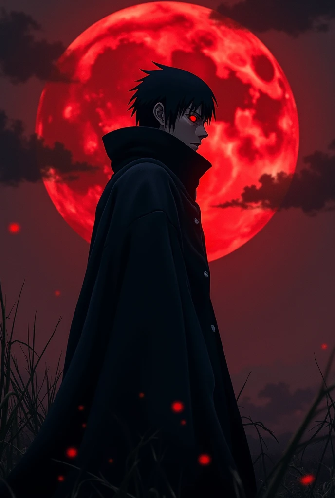 obito uchiha, Red moon in the background, dark scenery, movie poster