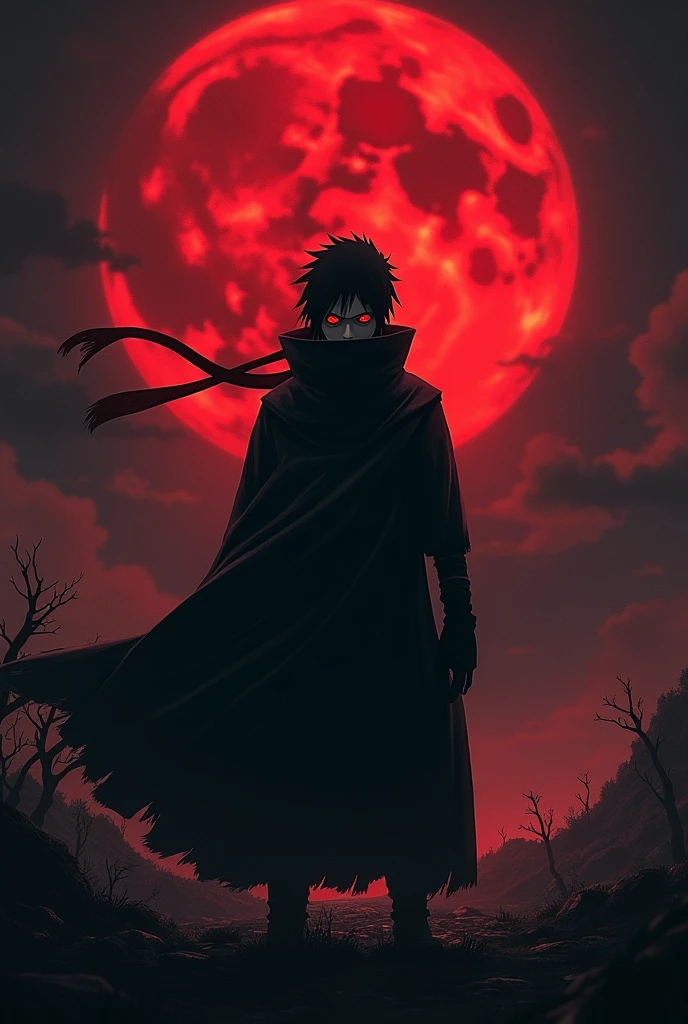 obito uchiha, Red moon in the background, dark scenery, movie poster