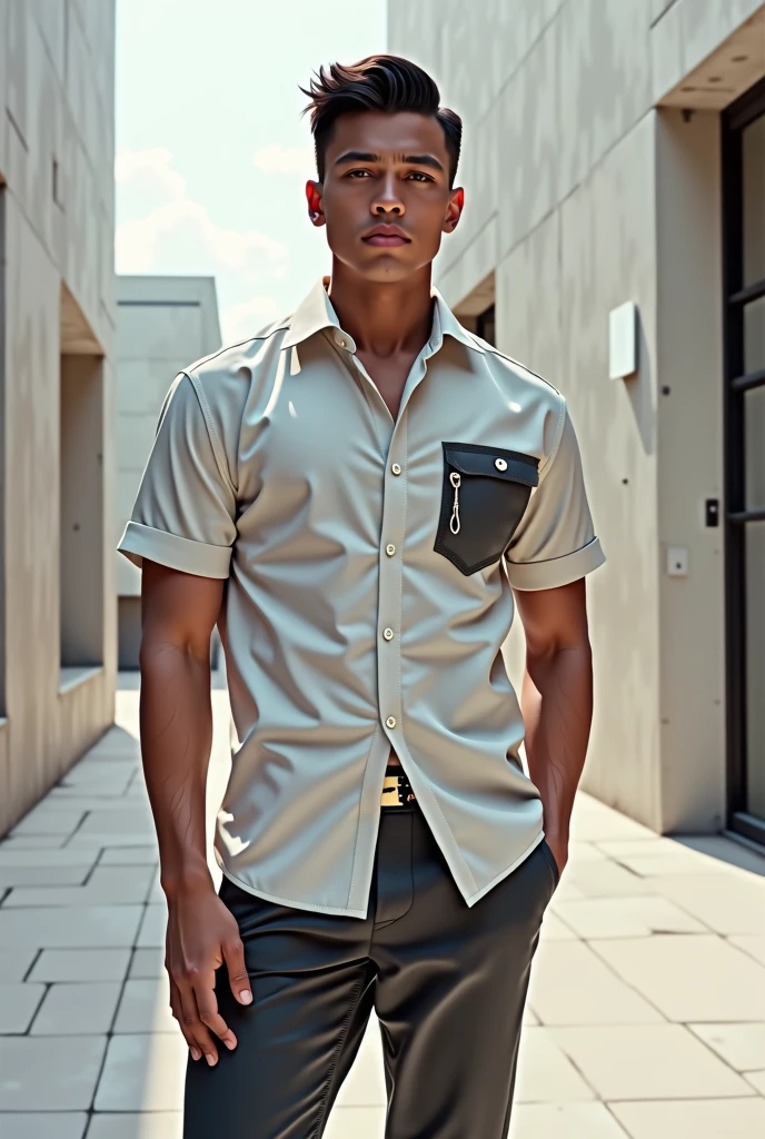 A man with stylish of 19 years with coll pant and shirt logo