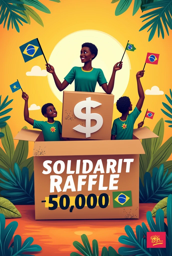 Hello, could you make an image of a raffle, the prize is 5.000 not worth 20,00 and solidarity could do something very eye-catching, without a person with a deed written in Portuguese and saying that it is a solidarity raffle written in Brazilian Portuguese