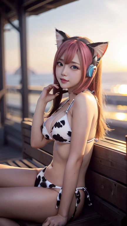 masterpiece, 4K, Bokeh, Beautiful Face, (Multiple Girls:1.4), Harem, Group photo, (Cat ear:1.3), pink soft hair , Looking at the audience, (Cow print bikini:1.2), Sunset Coast, close
