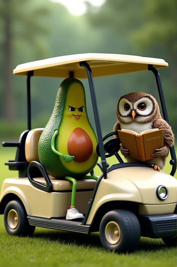 Golf cart with an avocado sitting on a seat with a golf club in hand, On the other seat an owl with a book in his hand.