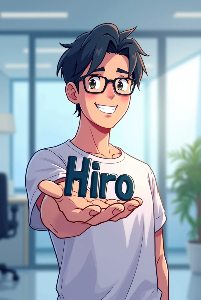 I want an anime of a front-end engineer who holds the name 'Hiro' in his hand and looks intelligent and friendly.