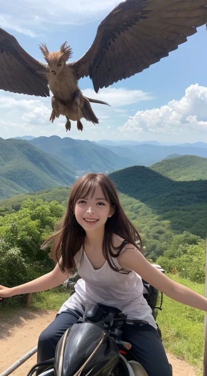 Best image quality (8k, High resolution, masterpiece: 1.2), Very detailed, Random Hairstyles, 2 woman, 

Extraordinary beautiful girl、Cute and beautiful face details、(Dealing with the Children_v1:0.008)、


score_9, score_8_upper, score_7_upper, 

situation: A girl rides on the back of a griffin、Gliding through the air。She enjoys the feeling of flying through the air.、Smiling and shining eyes。The griffin spread its wings wide、It seems as if it dominates the sky.々and flying。
landscape: Blue sky and white clouds、Below you can see the vast forest and river.。The sunlight enveloped them、The air is clear。
Camera angle: A diagonal rear angle of the griffin and the girl、It emphasizes the sense of speed of flight and the expansive scenery.。


,Active stop temporarily ,
On her side、The thunder danced。
Focus on the upper waist


, Random cute poses ,Big eyes ,Puffy eyes ,  Heart pupil, blush  , Big shy smile , 

