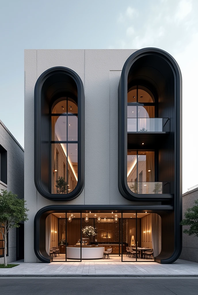 double skin facade architecture design in iran , facade of restaurant , 7.5 meter width, 22 meter height, front view, one sided , high quality rendering architecture,, in iran , cinematic , luxury architecture facade view , white and black material