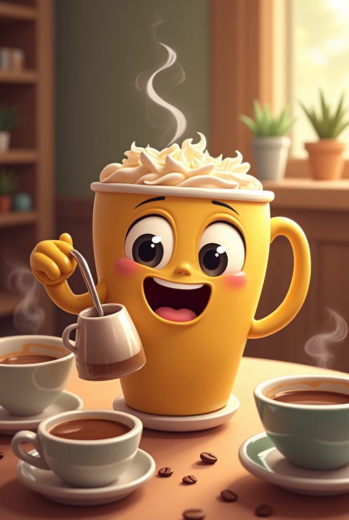 Create an animated, humorous image in a cartoon style featuring a coffee cup with a friendly face. The cup has large, bright eyes and a wide smile. It is holding a smaller cup or a spoon and is trying to pour itself some coffee. The scene exudes a warm, inviting atmosphere, as if the cup is yearning to enjoy a cup of coffee together with others. In the background, there are other cups happily sitting together, chatting and enjoying their coffee. The image should capture the love for coffee and the sense of community that comes with drinking coffee together.