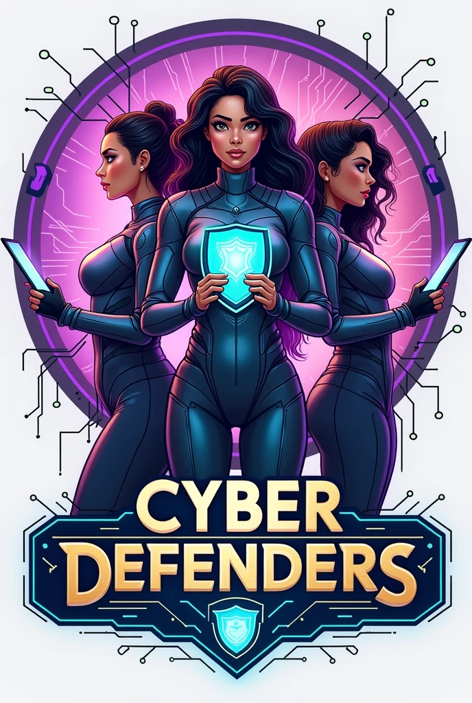 the logo of *Cyber Defenders* must highlight collective strength and female empowerment, representing three women of different ethnicities, symbolizing diversity, unity and leadership in the digital environment. The three female figures can be positioned side by side, forming a line or a circle, each one in a strong and confident posture.

Each woman can hold a symbolic element that represents a facet of the game&#39;s mission.:

1. *The first woman* hold a *Digital Shield*, representing protection against online threats.

2. *The second woman* hold aa *torch of light*, symbolizing knowledge and enlightenment in the safe use of technology.

3. *The third woman* hold a *technological device* ou um *Connection Symbol*, representing the power of technology to create change and build communities.

Women&#39;s clothing can have futuristic and stylized details, with vibrant colors like purple, blue and green, that refer to female power and technology. Each figure may have accessories or visual elements that refer to circuits., binary code or network standards, integrating the digital environment into design.

The background can be a circle, representing unity and inclusion, with elements such as electronic circuits or digital waves that spread around the figures, simbolizando a presença e influência das Cyber Defenders no mundo online.

The typography of the title "Cyber Defenders" must be modern and robust, with stylized letters that appear to be composed of lines of code or connected by circuits. Text colors can follow a gradation from purple to blue, reflecting the dynamism and transition of players from knowledge to action.

Above or around women, there may be a *protection emblem*, like a futuristic shield or a network emblem, symbolizing the security they provide. Details in gold or silver can highlight the contours of the figures and the technological elements, adding a touch of sophistication and strength to the design