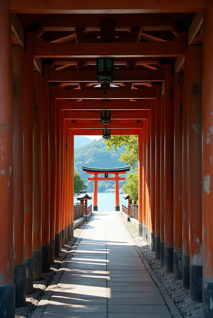 A view of the corridor of Itsukushima Shrine in Hiroshima Prefecture with the torii gates visible in the distance