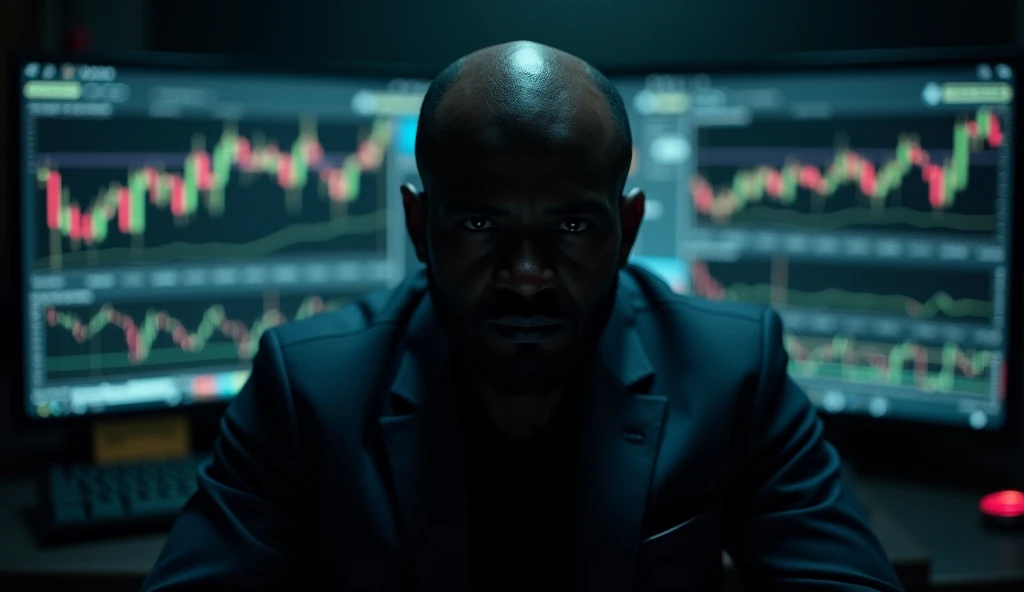 mAKE A HUMAN BEING, his name is fxhitman, a forex trader known for his market sniping abilities, black nigerian guy btw, dark enviroment surrounded with forex charts on screens, make it look like a movie poster, his face shouldnn't show it should be covered in shadow, he has bald head, amd looks like s hitman add the text: Fxhitman also there