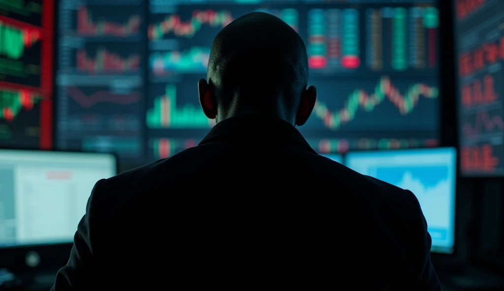 mAKE A HUMAN BEING, his name is fxhitman, a forex trader known for his market sniping abilities, black nigerian guy btw, dark enviroment surrounded with forex charts on screens, make it look like a movie poster, his face shouldnn't show it should be covered in shadow, he has bald head, amd looks like s hitman add the text: Fxhitman also there
