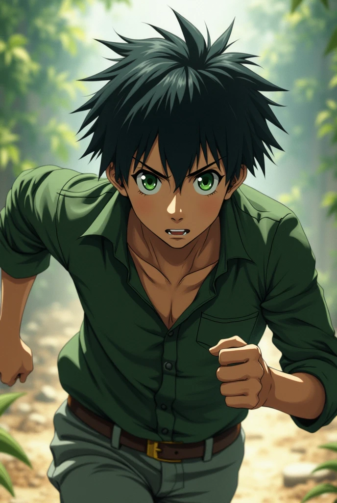 A beautiful young man,Eren yeager , green eyes and black hair, running,Mid Shot