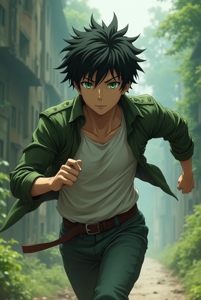 A beautiful young man,Eren yeager , green eyes and black hair, running,Mid Shot