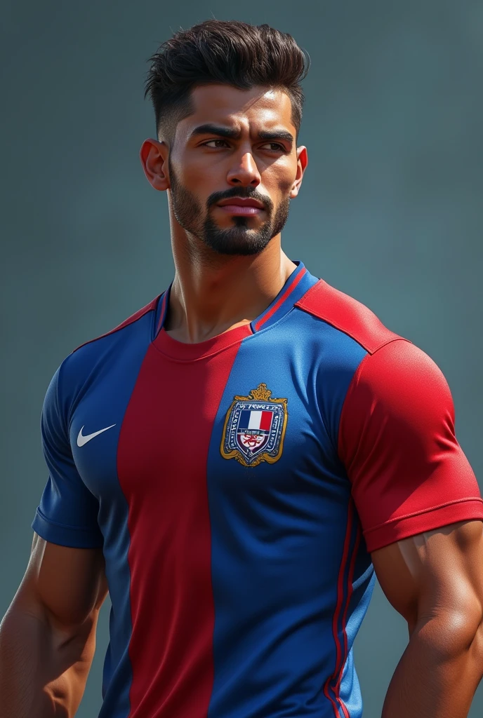 naughty man, Arabic traits, muscular body age 30, no hair on the body, mustache and very thin beard, beautiful and charming, wearing the uniform of Fortaleza Football Club, blue and red shirt of the French national team