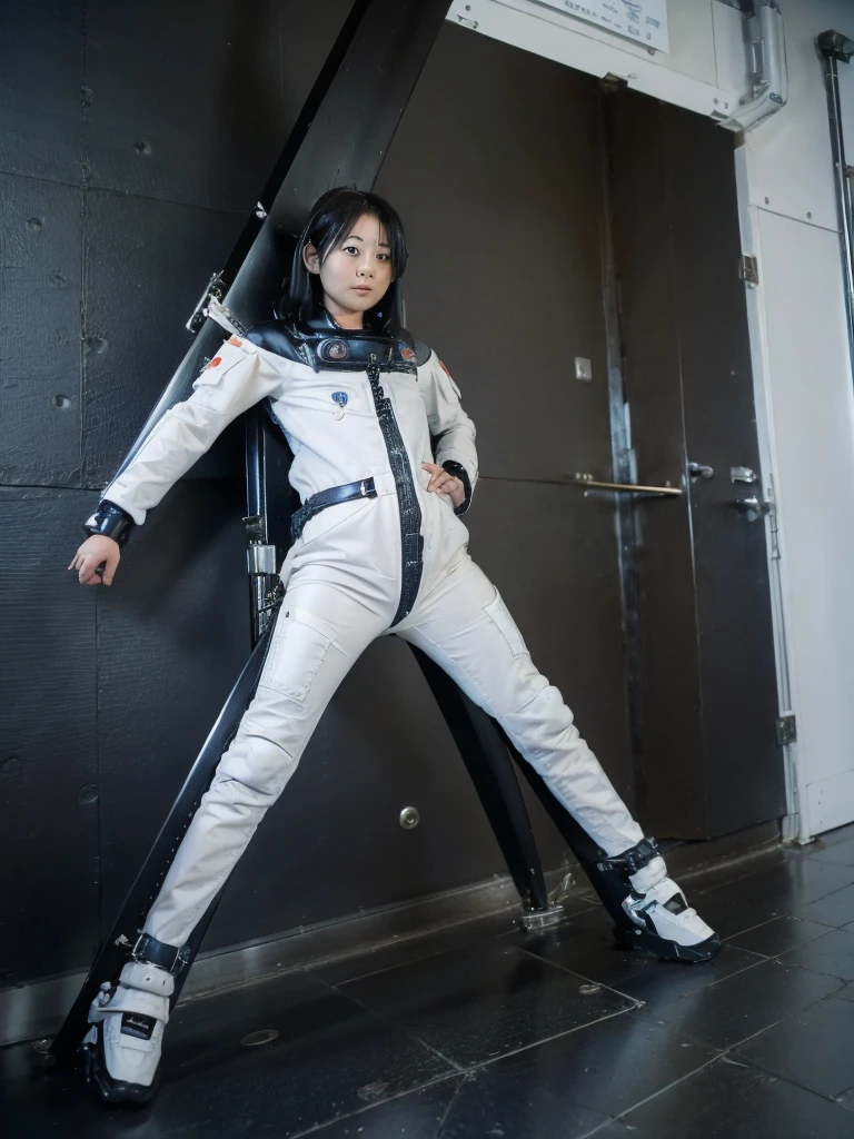 Japanese female astronaut,Black Hair,Inside the spaceship,,It is completely secured to the wall with sturdy straps,Plump,Slightly thicker,Squat,Being stared at by aliens,