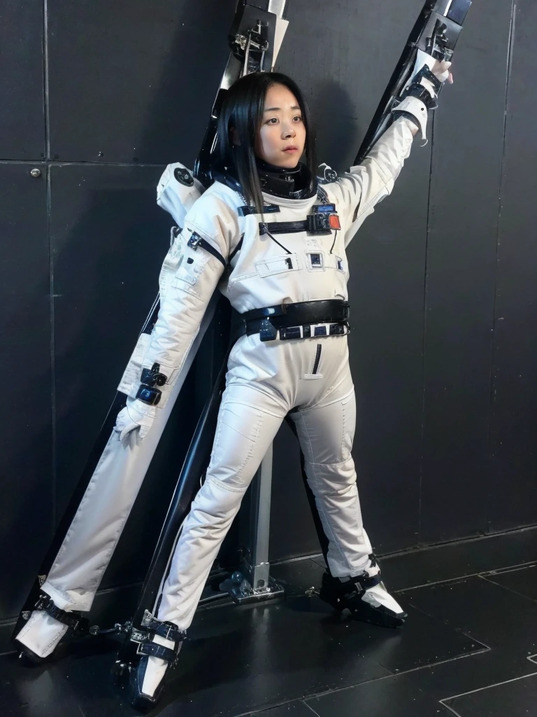 Japanese female astronaut,Black Hair,Inside the spaceship,,It is completely secured to the wall with sturdy straps,Plump,Slightly thicker,Squat,Being stared at by aliens,