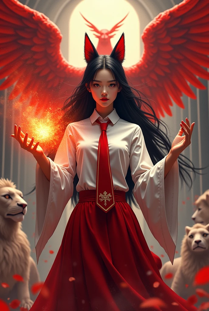 Asian Witch,black hair,Red body,cat ears,Five fingers,straight face,white collar shirt,Red and white tie,realistic ,Holding a fireball,A red angel flies behind.,There is a griffin,There is a lion..,Magic Castle
