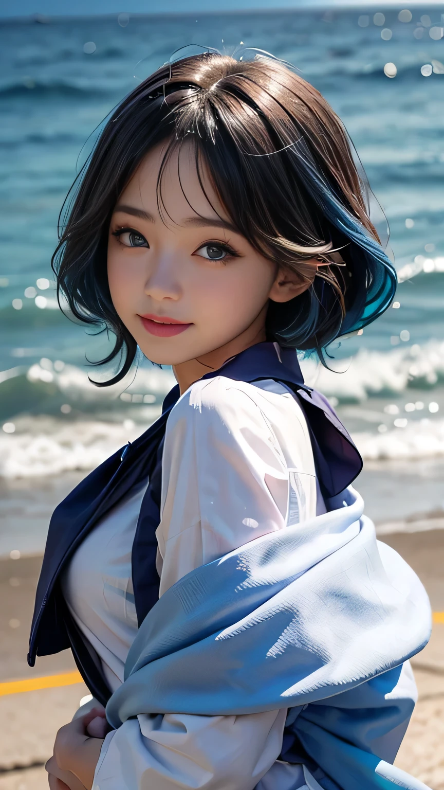 1 girl,child,childの大きな胸,Back to camera,look back,Happy smile,Cute skin color,blue eyes,Blue Hair,curl、Semi-long hair,Flat Chest,Small breasts,Pretty pink lips,Wear a sailor uniform,Red scarf,A realistic illustration of her face,Realistic fingers,Attractive sketch,Smooth and shiny,Blurred,Super Blanket Style,Ocean background--ar 1:1--Rainbow 5--Stylistic Expressions--S 50,No makeup,Super cute even without makeup