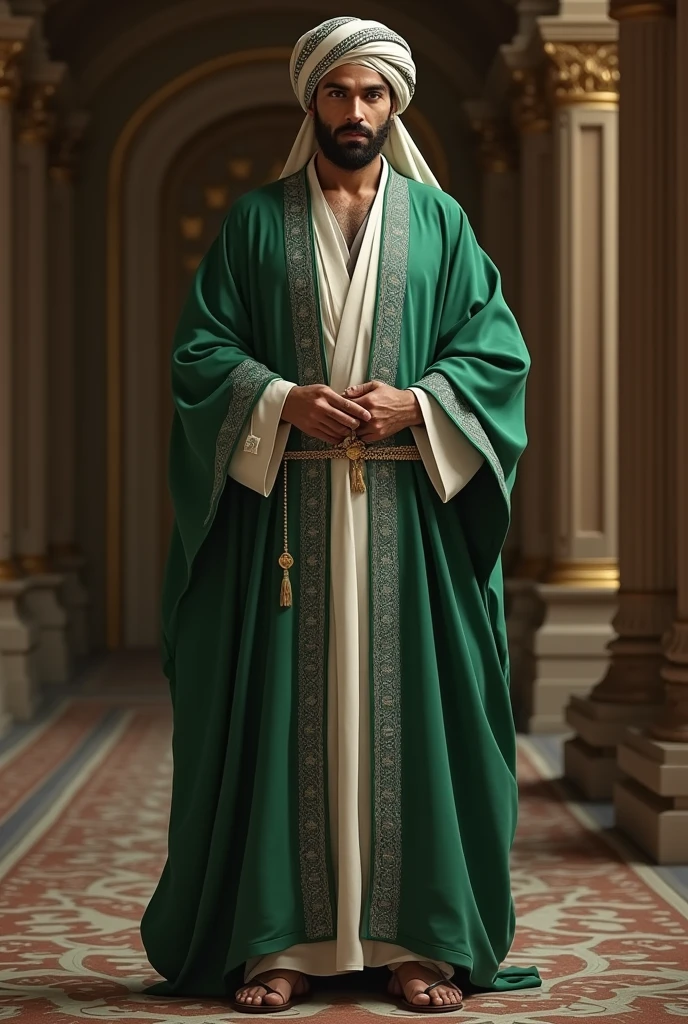 Un homme du harem avec un turban ornée de broderies gris, avec un caftan long et ample de couleur vert, une ceinture en tissu blanche, un pantalon large et des  babouches