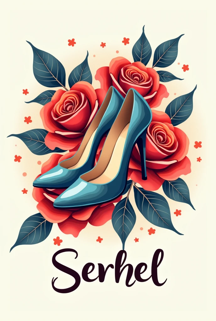 /imagine a women&#39;s shoe logo with red colors, roses, blue and oranges. Written at the bottom SERHEL 