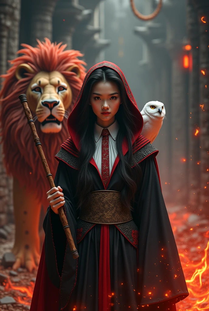 photo, asian woman, white skin, Facing straight, Fluffy black hair, Long slender fingers, Hands with 5 fingers, Black witch cloak, Red Hood, White collar inner shirt, Red and white patterned tie, Holding a small wand, There were several red fireballs and red smoke coming out of the wood., A white owl stands on the right shoulder., A large golden lion with a red mane appeared from the left back., The background is an old black castle.
