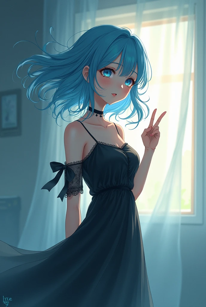 ((Highest quality)),((masterpiece)),((Super detailed)),(An illustration),(Detailed light),(Very delicate and beautiful),((pretty girl:whole body)),One Woman,Are standing,A black dress,maternal,Kind Face,Illness,Woman's room as background,(Beautiful Eyes),Floating blue hair,peace sign