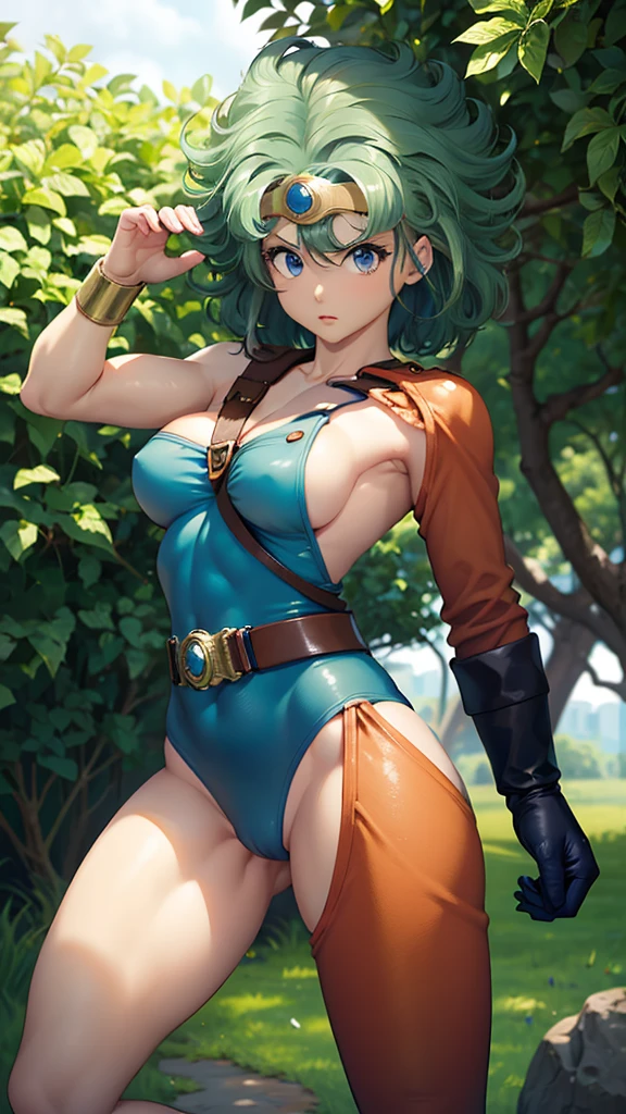 （（（ＳＦＷ、sound、Highest quality、Top notch work、Normal body、8k、Detailed face、Ultra-precision、Normal hand、のrefer、５refer、Highest）））、beautiful girl、Green Hair、yamato nadeshiko、((Small breasts、Shortcuts、Blue leotard、Muscular、Red Cape、Circlet))、(((Sexy pose)))、Female Heroes、 Fight、Fight準備完了、((Perfectly executed:Description of the whole body,Standing posture,Draw the details well、There is no anatomical problem))、grassland