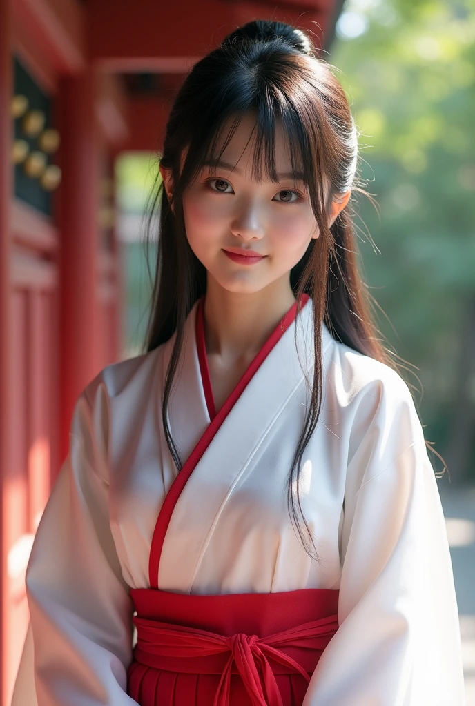 Realな写真、1、Japanese high school girl、(Highest quality、Tabletop、8k、Highest quality)、(Beautiful Japanese Perfect Shrine Maiden:1.1)、(The perfect and most natural white robe of a shrine maiden:1.3)、(The perfect and most natural shrine maiden's red hakama:1.3)、(Gracefully styled hair:1.1)、(Face close-up:1.1)、look at me、最高のsmile、The background is a magnificent and luxurious shrine.。、The majestic and luxurious exterior resembles a real shrine.、A gorgeous and authentic shrine using Niwa lacquerware))、Straight Hair、bangs、Detailed face and body、Natural lighting、High resolution、Photorealistic、(Highest quality、8k、High resolution、masterpiece:1.2)、Super detailed、(Real、Photorealistic、Photorealistic:1.37)、Realな肌の質感、Detailed eyes and lips、Beautifully detailed face、Long eyelashes、Smooth Skin、Slim figure、cute、smile、