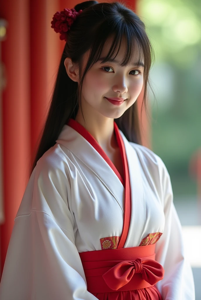 Realな写真、1、Japanese high school girl、(Highest quality、Tabletop、8k、Highest quality)、(Beautiful Japanese Perfect Shrine Maiden:1.1)、(The perfect and most natural white robe of a shrine maiden:1.3)、(The perfect and most natural shrine maiden's red hakama:1.3)、(Gracefully styled hair:1.1)、(Face close-up:1.1)、look at me、最高のsmile、The background is a magnificent and luxurious shrine.。、The majestic and luxurious exterior resembles a real shrine.、A gorgeous and authentic shrine using Niwa lacquerware))、Straight Hair、bangs、Detailed face and body、Natural lighting、High resolution、Photorealistic、(Highest quality、8k、High resolution、masterpiece:1.2)、Super detailed、(Real、Photorealistic、Photorealistic:1.37)、Realな肌の質感、Detailed eyes and lips、Beautifully detailed face、Long eyelashes、Smooth Skin、Slim figure、cute、smile、
