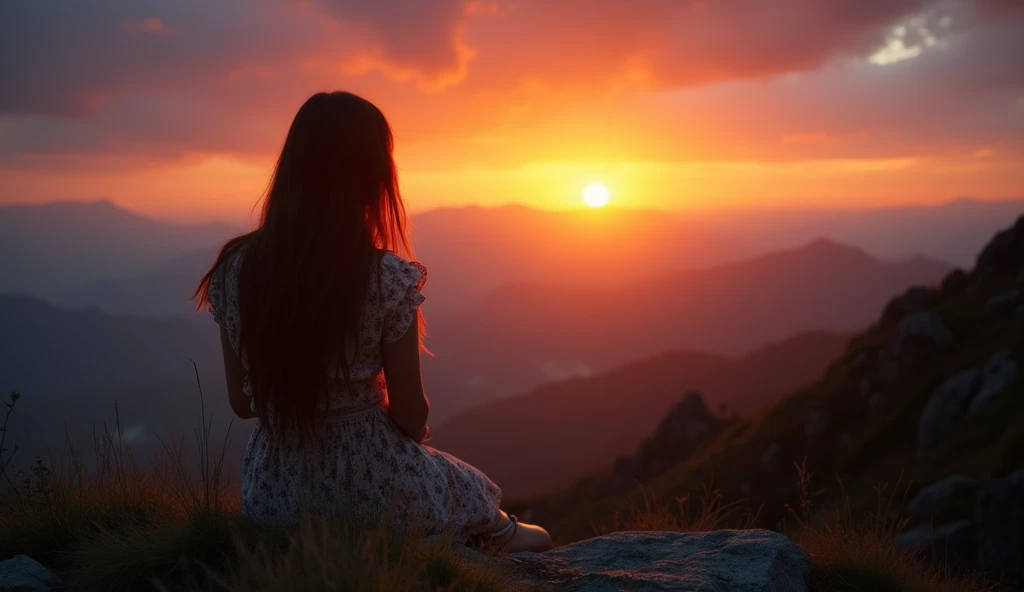 create a image in which a women is setting in mountain view point with looking at sunset and little rain , camera angle from behind of women ,romentic feeling