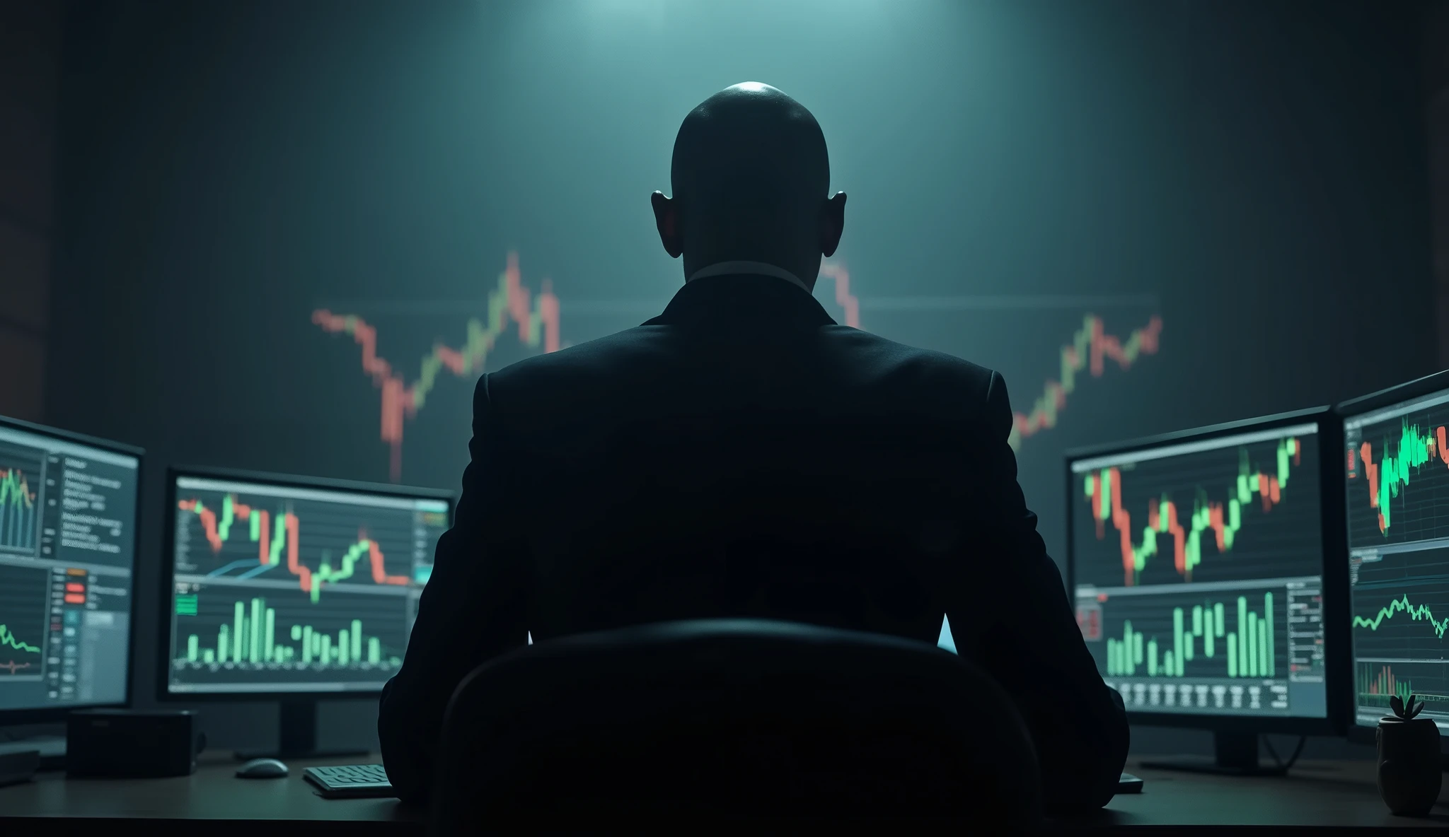 mAKE A HUMAN BEING, his name is fxhitman, a forex trader known for his market sniping abilities, black nigerian guy btw, dark enviroment surrounded with forex charts on screens, make it look like a movie poster, his face shouldnn't show it should be covered in shadow, he has bald head, amd looks like s hitman